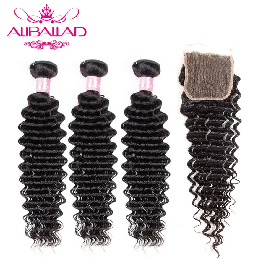 

Aliballad Brazilian Deep Wave 3 Bundles With Closure 4x4 Free Part Closure High Ratio Remy Human Hair Bundles With Closure