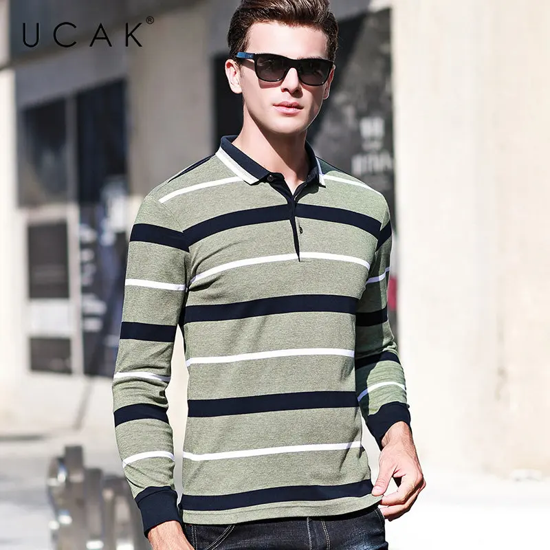 UCAK брендовая футболка мужская одежда Осенняя модная полосатая деловая Повседневная футболка Мужская хлопковая футболка с длинными рукавами Homme U5002