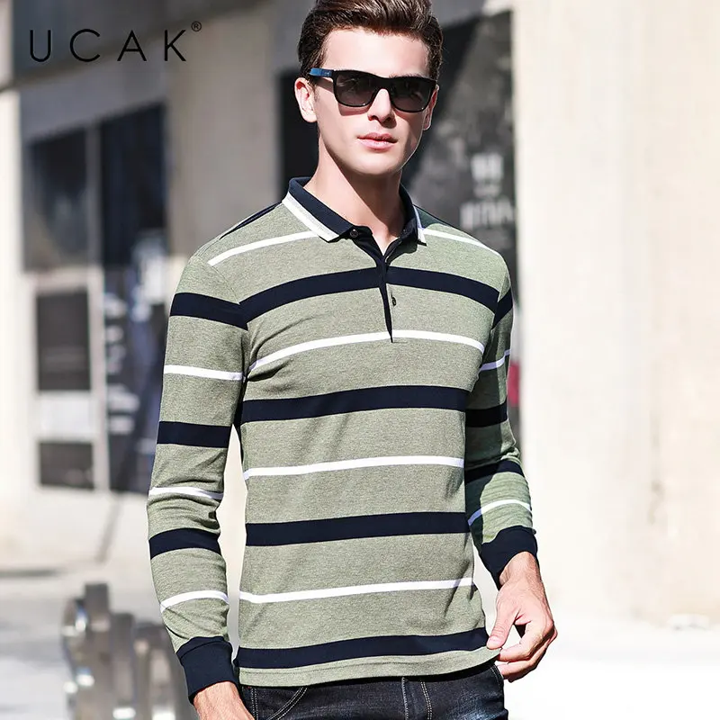 

UCAK Brand T Shirt Men Clothes 2019 Autumn Fashion Striped Business Casual T-Shirt Men Long Sleeve Cotton Tee Shirt Homme U5002