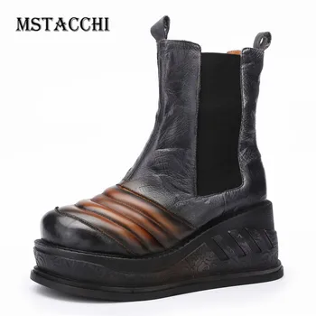 

Mstacchi Pleated Colour Mixture Elastic Cord Thick Bottom Women Ankle Boots Do Old Fretwork Crack Wedges Round Toe Short Boots