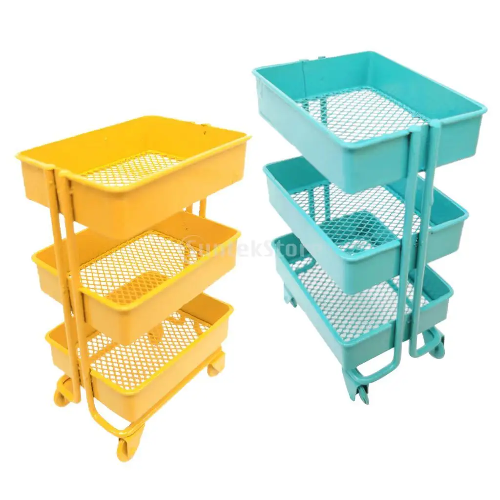 Modern 1:12 Scale Mini Trolley Storage Shelf w/ 4 Wheels Dollhouse Decor