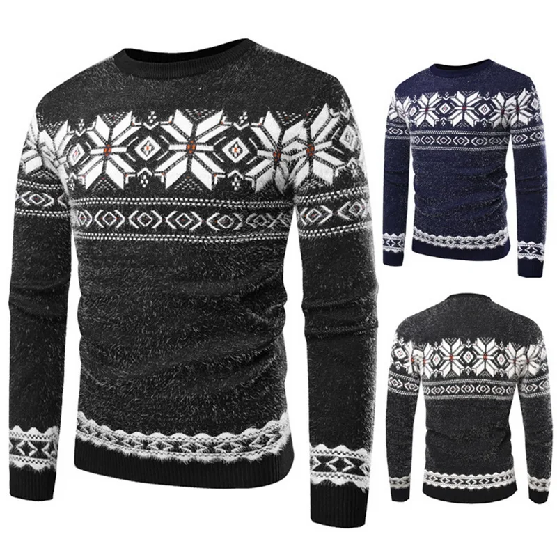 Мужской свитер, приталенный вязаный пуловер, свитера с рождественским узором, весна-осень, свитер с круглым вырезом, топы с длинным рукавом