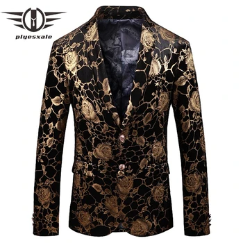 

Plyesxale Black And Gold Blazer Men 2019 New Spring Slim Fit Floral Prom Blazers Flower Pattern Stage Clothing For Men Q424