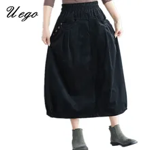Uego Corduroy Autumn Winter Skirt Elastic High Waist Pocket Office Lady OL Work Skirts Women Casual Midi Skirt New Skirt