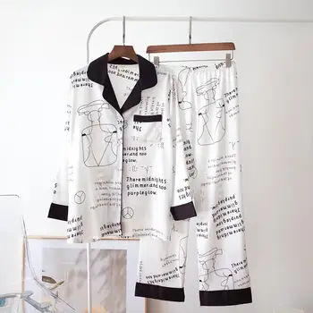 

Pajamas Female Long-Sleeved Trousers Two-Piece Set Graffiti Printing Satin Ice Silk Home Service Girl Casual Thin Nightwear