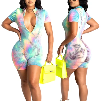 

Ladies Zipper Dye Printed Romper Playsuits Summer Sportswear Short-Sleeved V-Collar Elastic Tight Girl Clothes