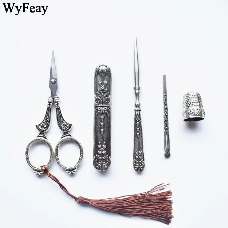 레트로 가위 세트, 절묘한 빈티지 가위, 바늘 보관 튜브, 송곳, 스레더, 골무 자수, 재단사, 재봉 용품