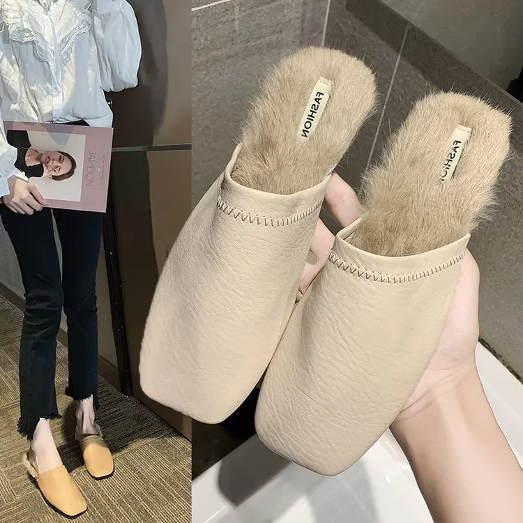 

Luxury Slides Cover Toe Shoes Low Flat Slippers Loafers Shose Women Pokemon Plush Designer Square 2019 Fur Cross-tied Rubber