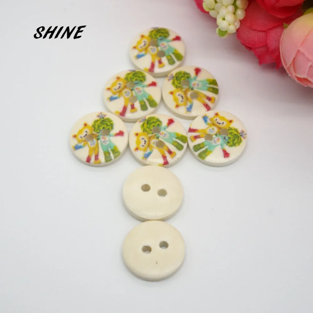 200PCs Decorative Buttons Rio Mascot Painting 2 Holes 15mm Sewing Wooden Flatblck Scrapbooking | Дом и сад