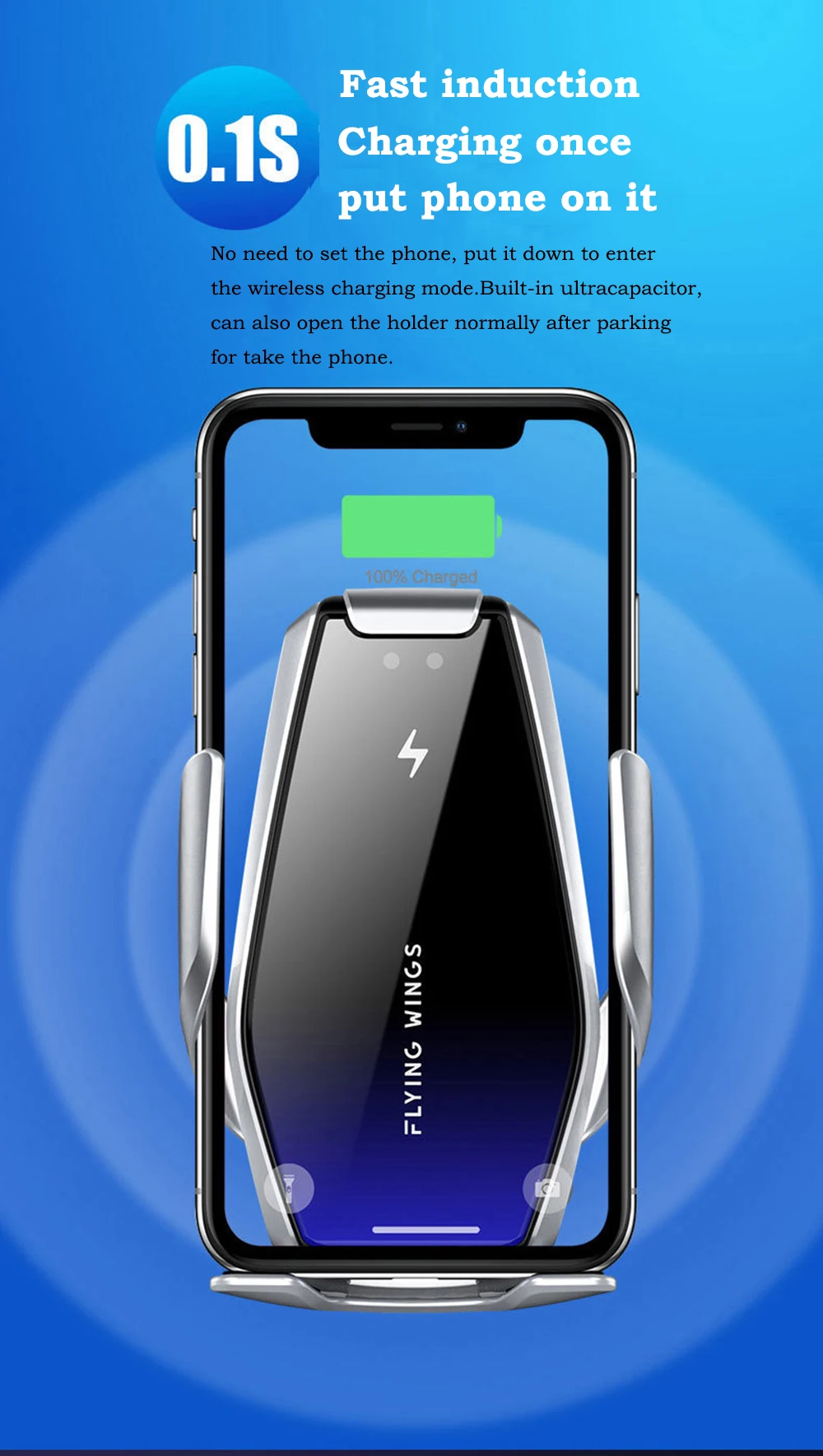 02Super Capacitor Car Wireless Charger Automatic Clamp 15W Fast Charge Mount 