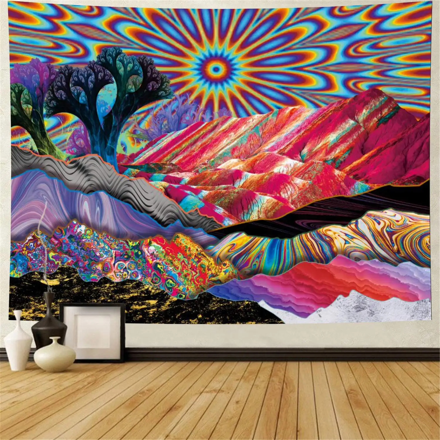 

Trippy Mountain Sun Abstract Trees Tapestry Colorful Nature
