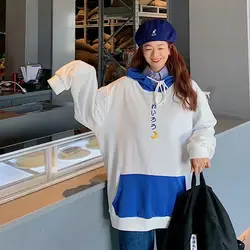 Осень с капюшоном Harajuku новые женские повседневные свободные BF с капюшоном пуловеры Топ печати синий белый Лоскутная Толстовка