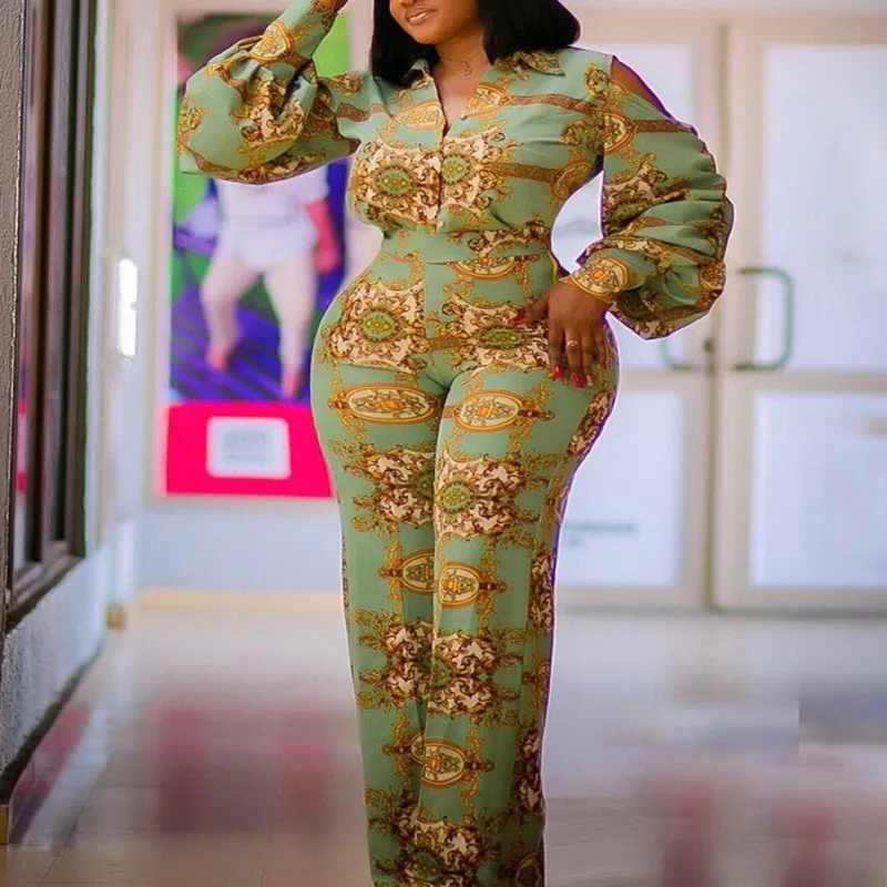 2021 Large Women's Off Shoulder Lantern Sleeve Stretch Green Digital Printing Jumpsuit Women Overalls Club Outfit Plus Size |