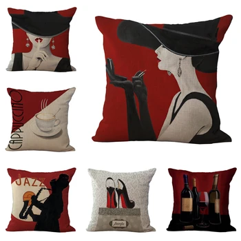 

Red Wine Lady Pattern Linen Cushion Cover Durable Thicken Soft Pillowcase Elegant Home Decorative Sofa Chair Pillow Cover