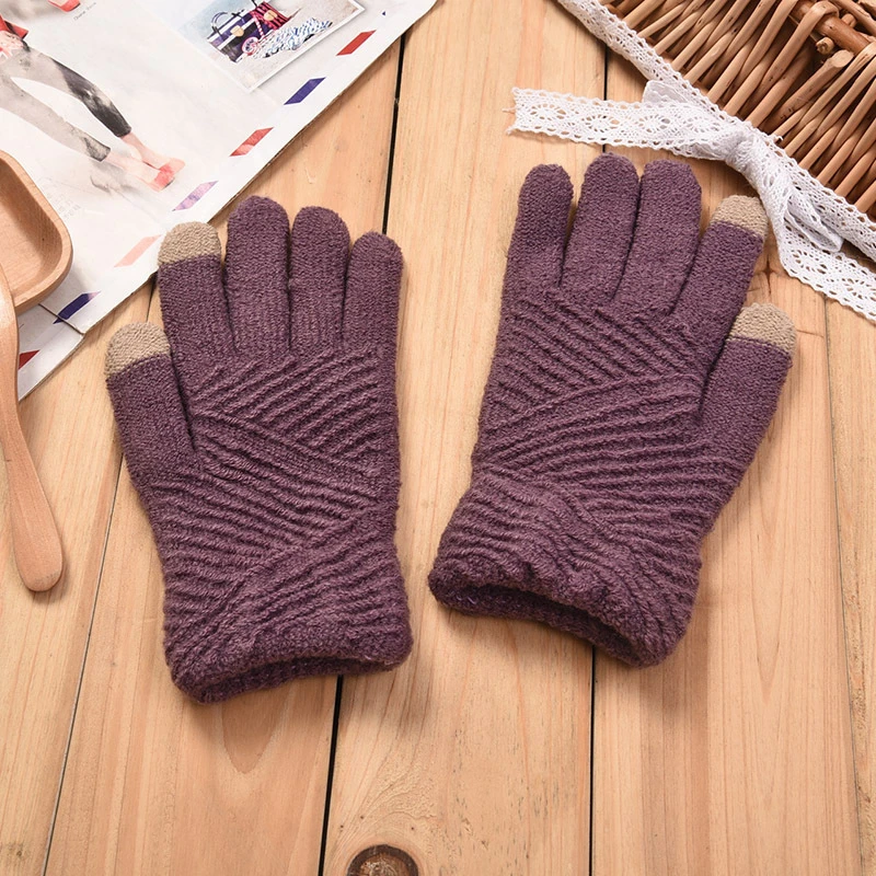 Женские перчатки, зимние шерстяные вязаные перчатки, варежки с сенсорным экраном, сохраняющие тепло, женские зимние полосатые перчатки на весь палец, Модные осенние