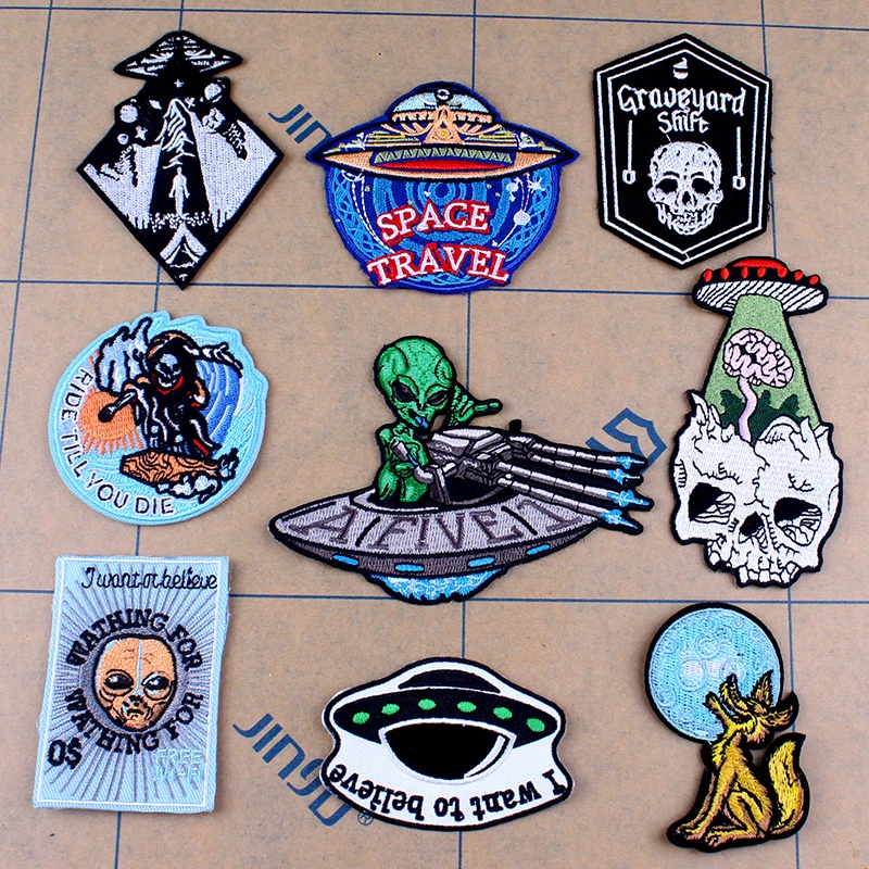 

Alien UFO Skull Rock Band Patches for Clothing DIY Stripe Embroidered Iron on Patches On Clothes Metal Music Badge For Backpacks