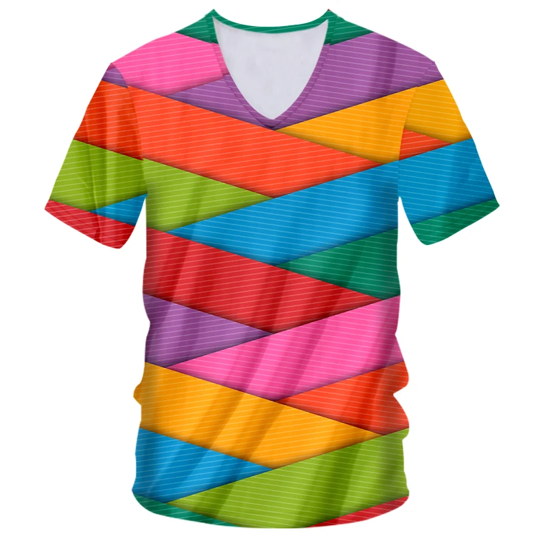 

IFPD EU Size Summer Shirt Men Casual T-shirt Cool Print Colorful Tilt Stripes 3D Shirt Man Hiphop Short Sleeve V-Neck Streetwear