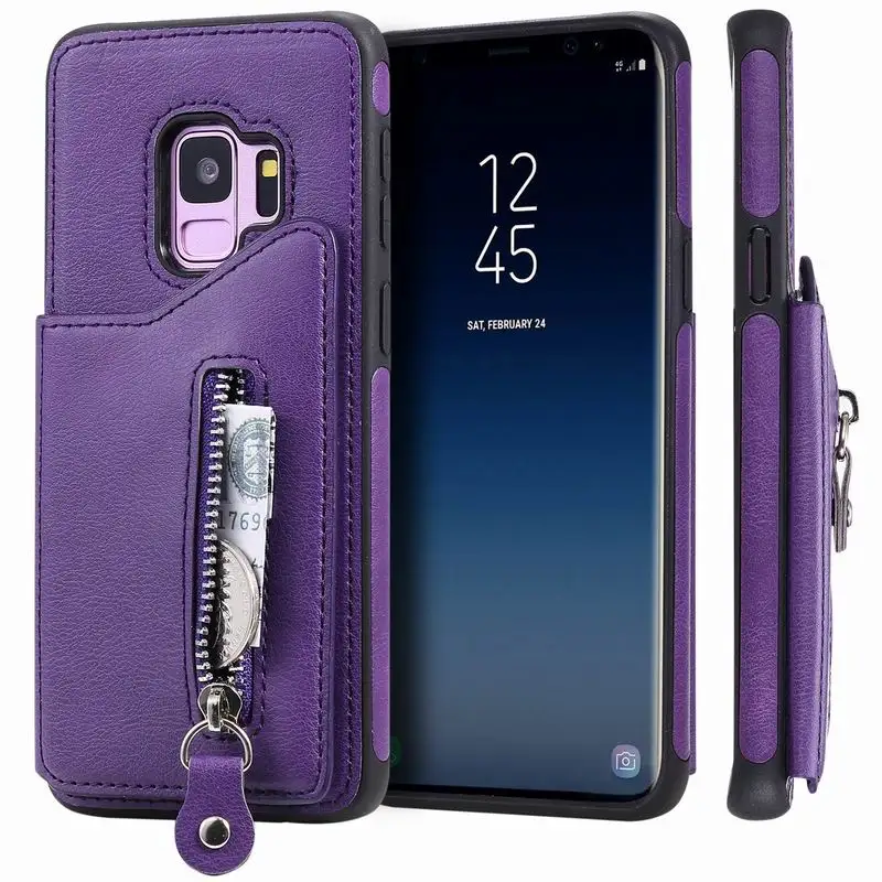 Фиолетовый Чехол-кошелек в стиле ретро на молнии для Samsung Galaxy S8 S9 S10 5G Plus S10E A50 Note 10 10+ Note 8 9, Чехол-держатель для карт, чехол для телефона - Цвет: Фиолетовый