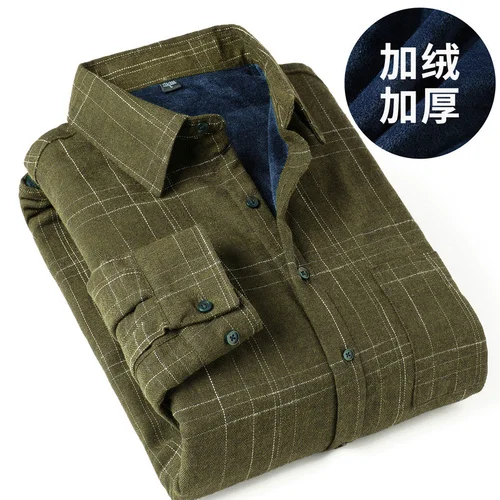 dark khaki Зимняя Толстая рубашка мужская английская клетчатая бархатная теплая рубашка большого размера плюс удобрение увеличение 5XL Повседневная рубашка мужская одежда - Цвет: dark khaki