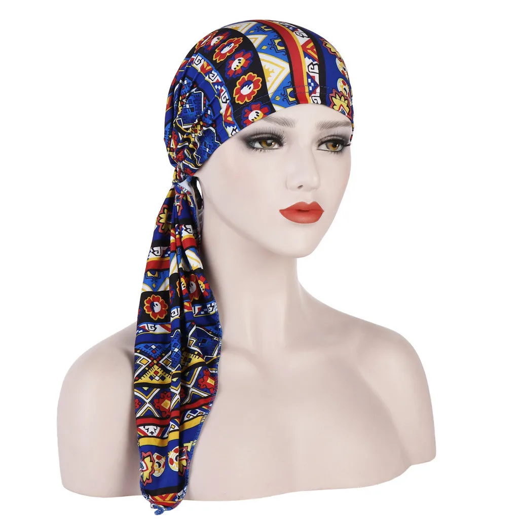 Print India Hat Muslim Ruffle Cancer Chemo Beanie Turban Wrap Scarf Cap шапка женская шапка beanie high quality cotton unisex - Цвет: Blue