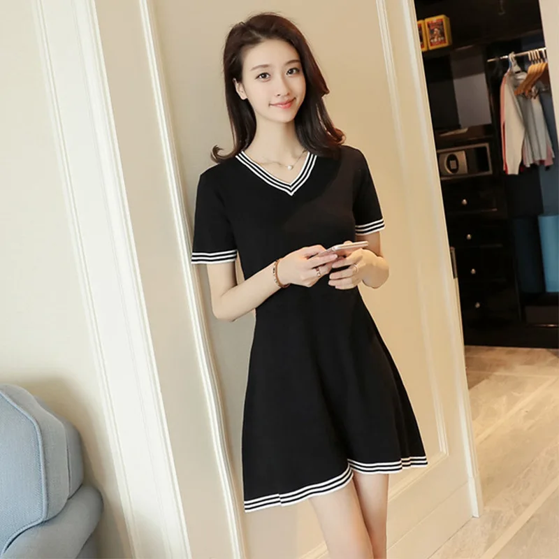 

Summer New Style Short Sleeve V-neck Waist Hugging Dress WOMEN'S Dress Korean-style Large Size Slim Fit Mid-length A- line Skirt
