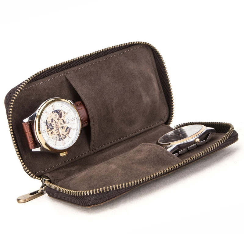 2-Slot Watch Box Luxury Pouch with Zipper Portable Organizer Bag Holds 2 Watches Rustic Leather Brown