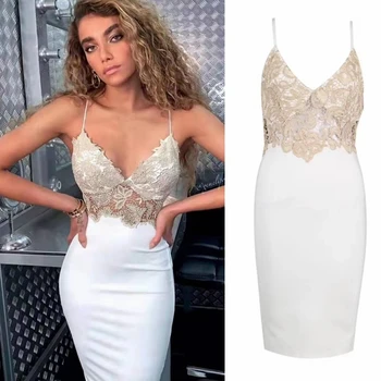 

Women Elegant Lace Bandage White Dress 2019 New Sexy Spaghetti Strap V Neck Bodycon Party Vestidos Summer Club Mini Dresses
