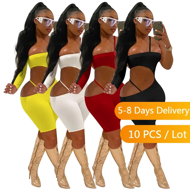 

Wholesale Items Club Short Sexy Jumpsuits One Shoulder Club Bodycon Jumpsuit Womens Summer Clothing Hollow Out Rompers Playsuits