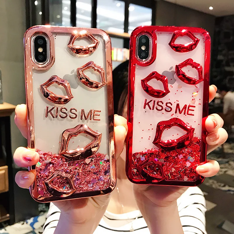 Luxury Plating Dynamic Liquid 3D &quotKISS ME&quot Quicksand Cover For iPhone X Xs Max Xr Anti-knock Case 5 6 6S 7 8 Plus |