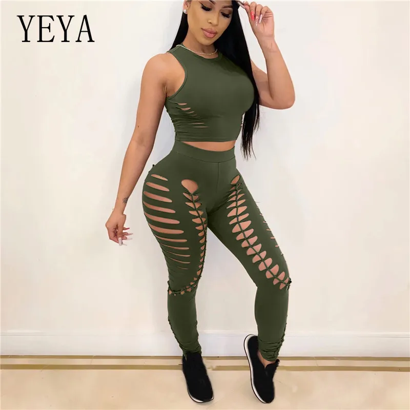 

YEYA Two Piece Matching Sets Sexy Hollow Out Women Sleeveless Crop Top & High Waist Bodycon Pant Sets Plus Size Night Club Suits