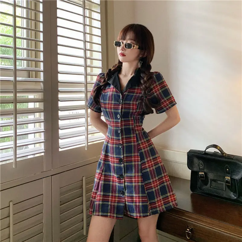 Dress Women Plaid Preppy Style Kawaii College Above Knee Ladies Clothing Sweet Short Sleeve Turn-down Collar Vintage Girl Trendy mini dress