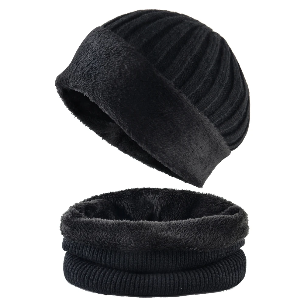 Winter Beanie And Scarf For Men Solid Thick Knitted Hat Scarf Set Outdoor Snow Skullies Beanies Women Warm Velvet Hats Scarves - Цвет: Black Set