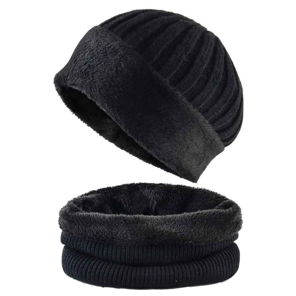 Black Set Winter Beanie And Scarf For Men Solid Thick Knitted Hat Scarf Set Outdoor Snow Skullies Beanies Women Warm Velvet Hats Scarves - Цвет: Black Set