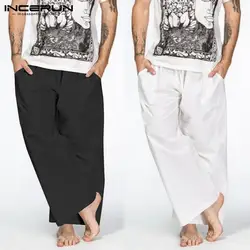 INCERUN летние мужские 2019 модные широкие брюки Однотонные эластичные талии свободные ремень новые хлопковые повседневные уличные мужские