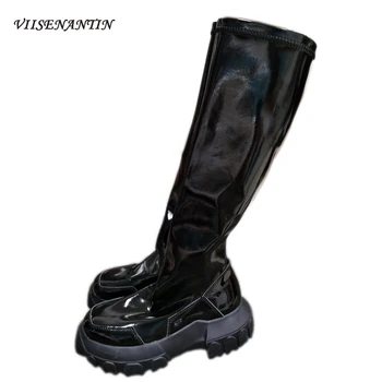 

Color Block Platform Over-the-Knee Round Toe Height Increase Knight Boots Women Real Leather Chunky Sole Brand Black Shoes Lady