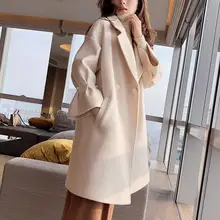 Новинка, осенне-зимнее шерстяное пальто с отложным воротником, с жемчужинами и расклешенными рукавами, верхняя одежда, милые женские пальто из смешанной ткани