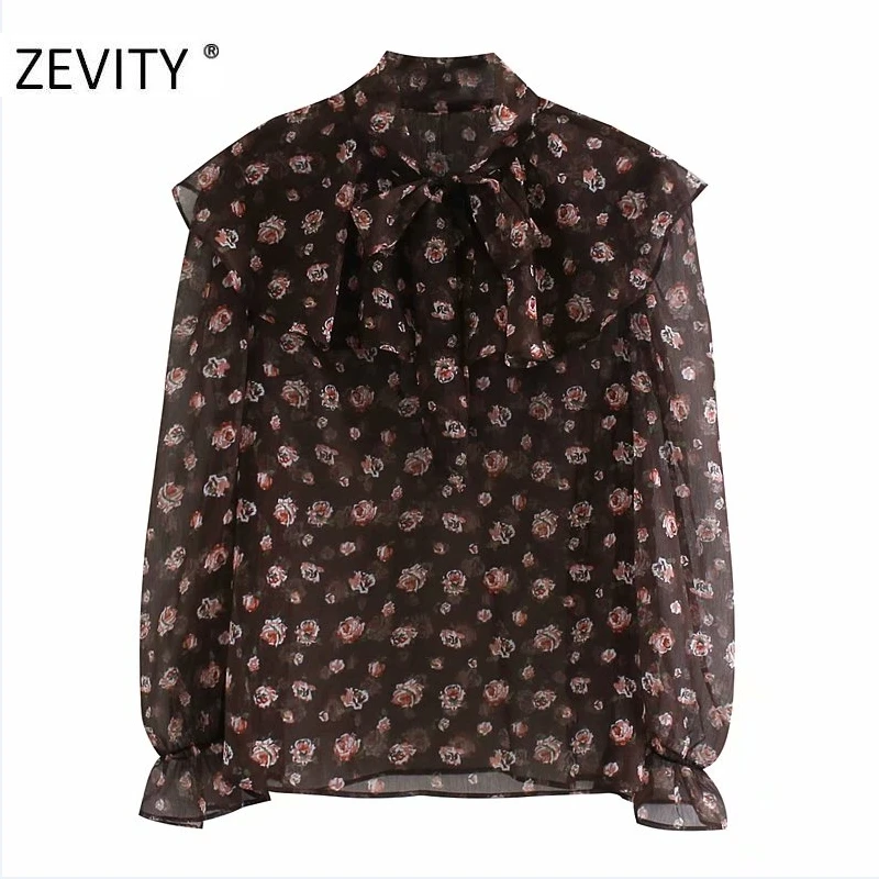 Zevity New women vintage puff sleeve flower print casual smock blouse office lady chic bow tied collar ruffles shirt tops LS7140 Zevity New women vintage puff sleeve flower print casual smock blouse office lady chic bow tied collar ruffles shirt tops LS7140