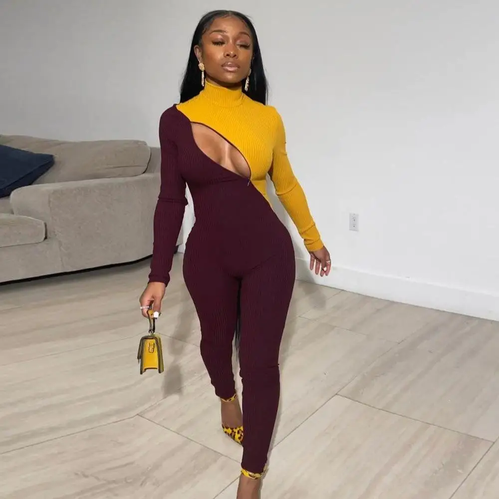 Sexy Cut Out Bodycon Jumpsuit Rave Festival Turtleneck Body One Piece Club Outfit Skinny Women Jumpsuit Long Sleeve Rompers