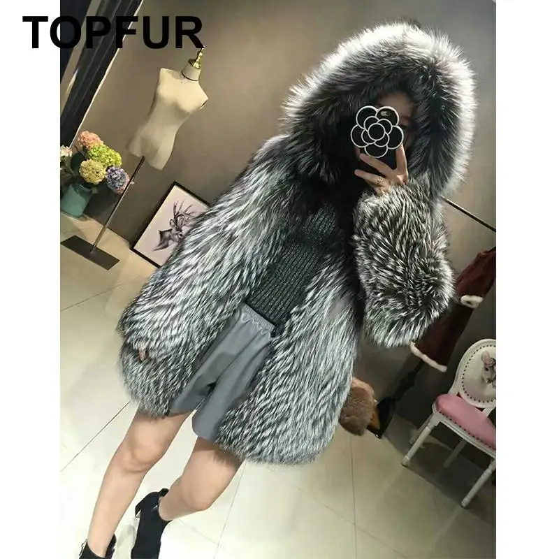 TOPFUR Новая модная шуба из натурального меха серебристой лисы, женская шуба с меховым капюшоном, Толстая Шуба из натурального Лисьего меха, зимняя куртка из натурального меха, базовые куртки