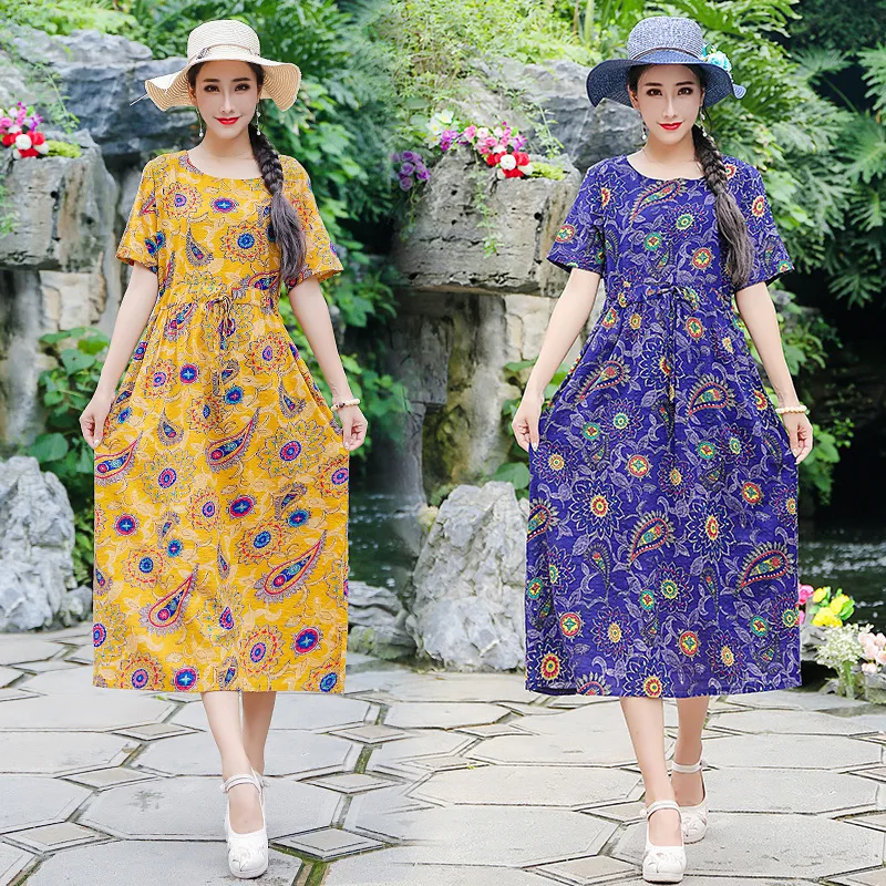

2019 Summer New Style Ethnic-Style Large Size Dress Cotton Linen Dress Loose-Fit Slimming Literature And Art Retro Floral-Print