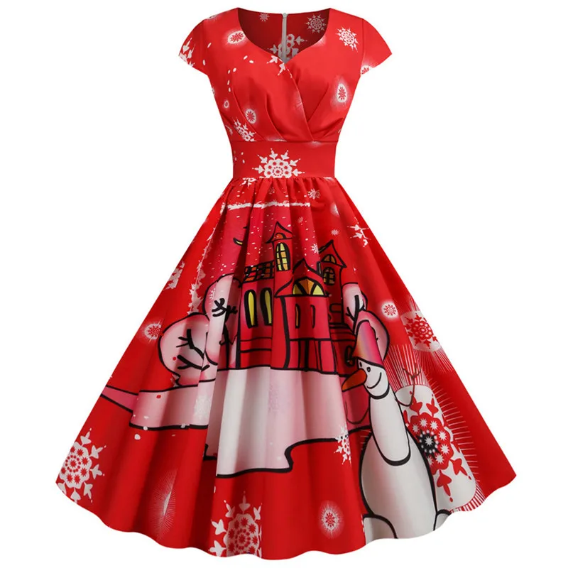 Женское рождественское платье с принтом, несколько стилей, винтажное вечернее платье с коротким рукавом, плиссированное платье на талии, Новое поступление, 5