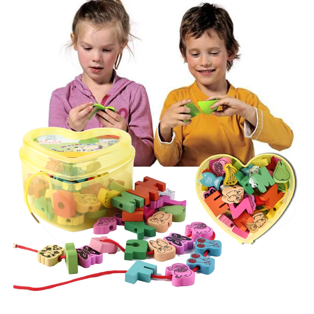 54pcs/lot Baby Wooden Lacing Beads Animals Blocks Heart-shape Stringing Threading Lace Beads Box Educational Preschool Learn Toy