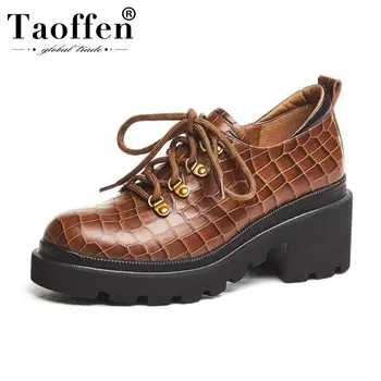 

Taoffen Real Leather Women Pumps Spring Plaid Round Toe Lace Up Casual Shoes Chunky Heels Retro Ladies Pumps Footwear Size 34-39