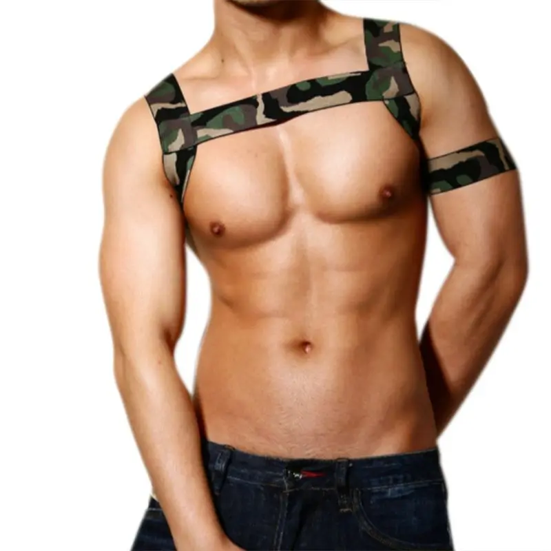 

Mens Shoulder Strap Chest Harness Lingerie Camouflage Printed Elastic Halter Belt Muscle Support Brace with Arm Band