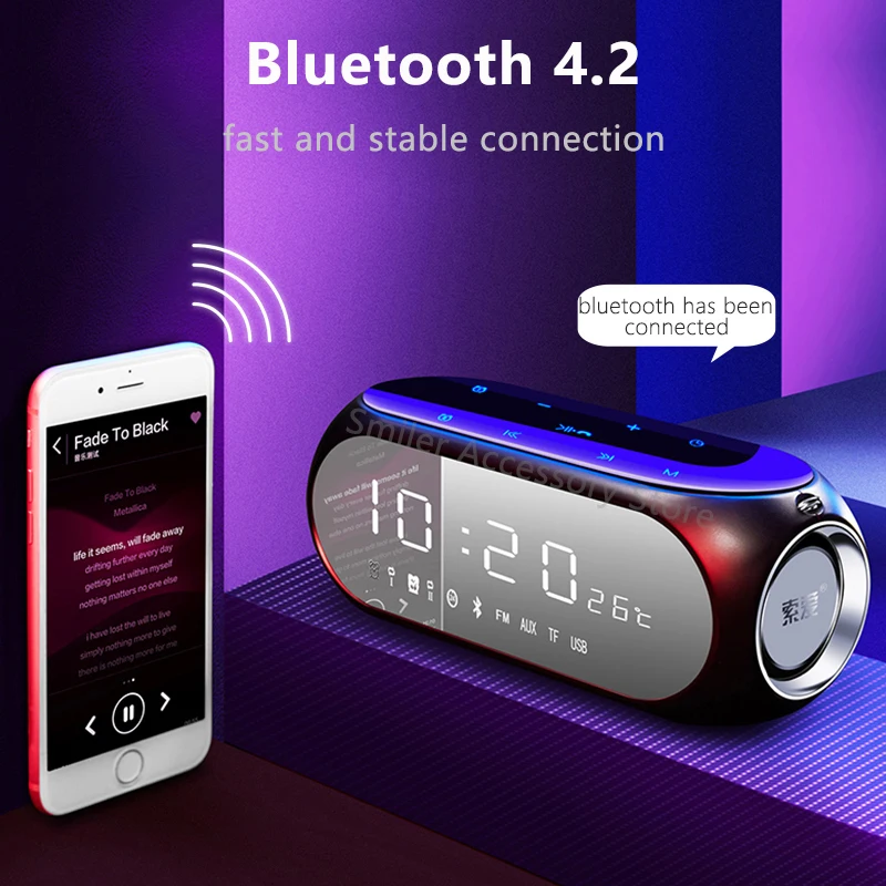 Wireless Bluetooth Speaker 10W Portable Small LED Display FM Radio Alarm Clock Home Stereo Loudspea