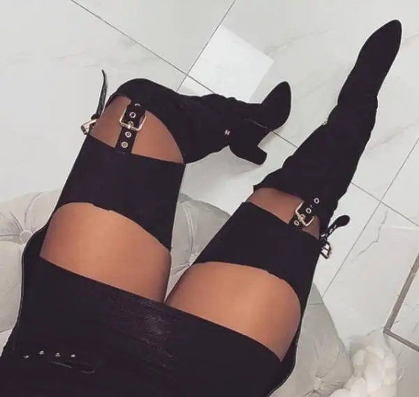 

Suede Black Red Yellow Woman Pointed Toe Over The Knee Buckles Sexy Pants Belts Boots High Heel Square Toe Long Boots Lady