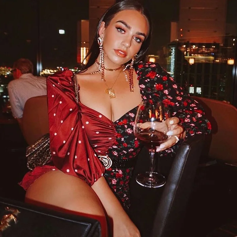 

STYLISH LADY Floral Dots Printed Ruched Dress 2020 Spring Women Long Sleeve Square Neck Contrast Color Drawstring Vintage Dress