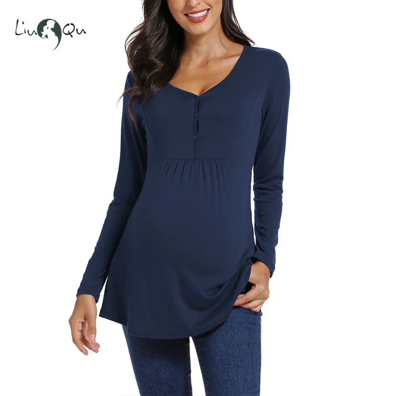 

Women's Maternity Nursing Top Long Sleeve V Neck Button Front Pleated Flowy Pregnancy Shirts Breastfeeding Maternity Clothes