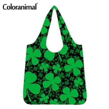 

Coloranimal Functional Women Large Shopper Bag Grocery Bags Saint Patrick's Day Four Leafed Clovers Print Lady Eco-Friendly Bags