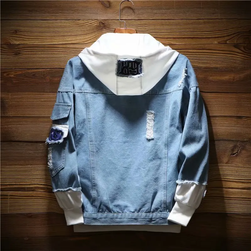 

Autumn And Winter Men Popular Brand Hooded Mock Two-Piece Jeans Coat Korean-style Loose-Fit Students Handsome Versatile Casual J